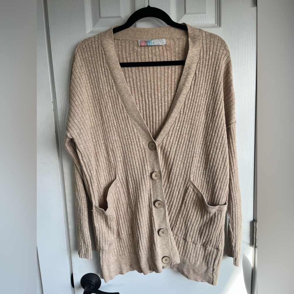 Free People Beach Ribbed V-Neck Button Front Cardigan in Beige